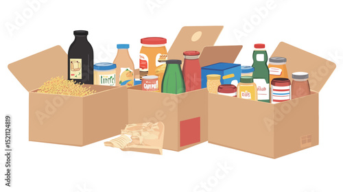 Cardboard box filled with various food items – grocery delivery and donation concept in flat vector illustration