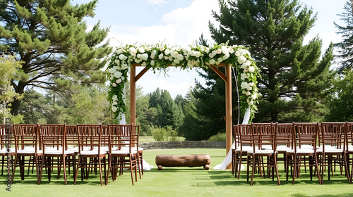 Rustic Wooden Wedding Arch with Floral Decor and Empty Chairs