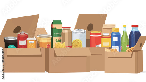 Cardboard box filled with various food items – grocery delivery and donation concept in flat vector illustration