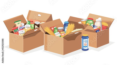 Cardboard box filled with various food items – grocery delivery and donation concept in flat vector illustration