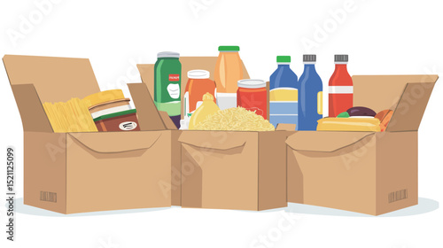 Cardboard box filled with various food items – grocery delivery and donation concept in flat vector illustration