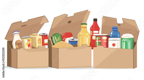 Cardboard box filled with various food items – grocery delivery and donation concept in flat vector illustration
