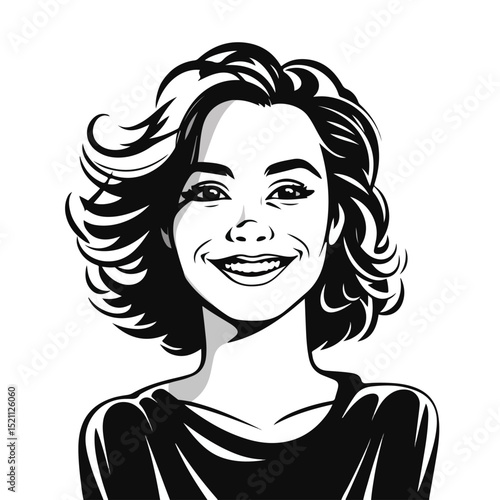 Professional Black and White Vector Illustration of a Smiling Cartoon Woman