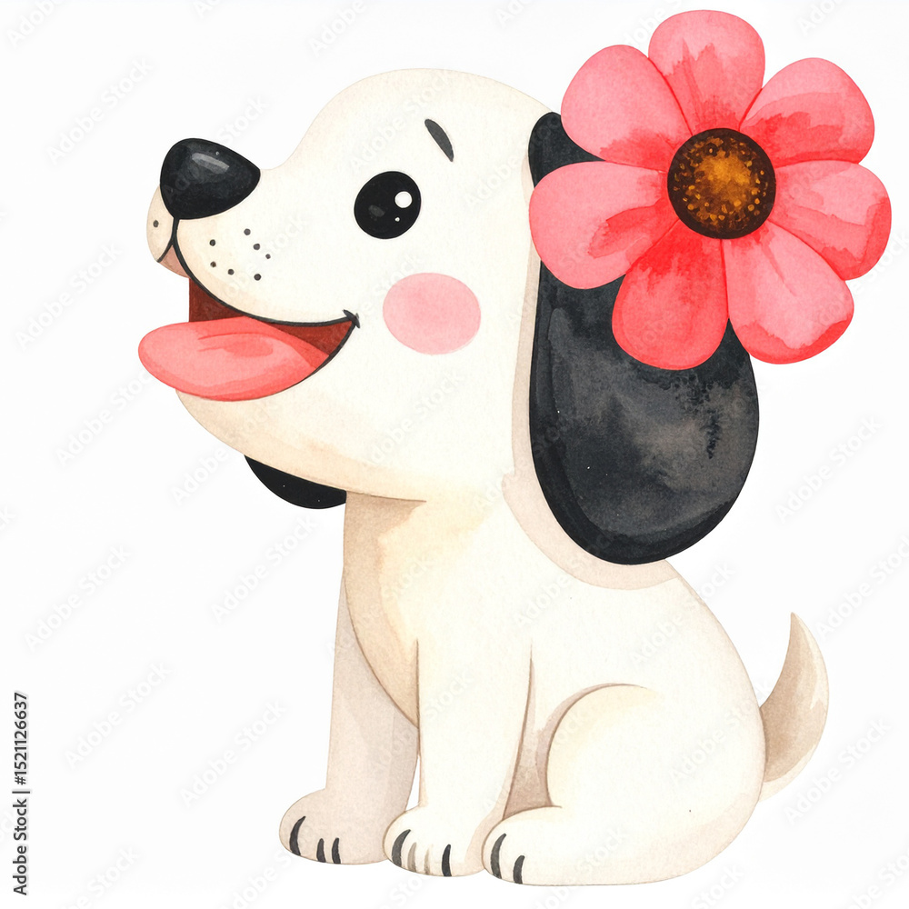 Naklejka premium Cute Dog With Flower Isolated On White Background In Watercolor