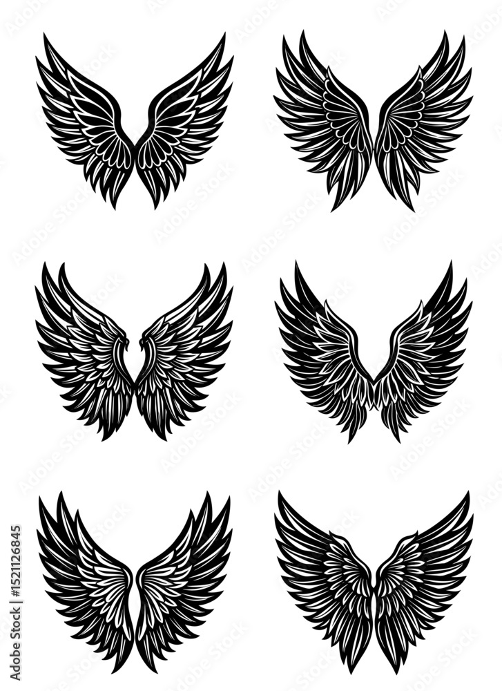 Wings vector icon collection. Silhouette of angel wings, bird feathers, and flight symbols. Black icons on white background. Perfect for logos, emblems, or tattoo designs. Vector art.
Wings vector icon collection. Silhouette of angel wings, bird feathers, and flight symbols. Black icons on white background. Perfect for logos, emblems, or tattoo designs. Vector art.