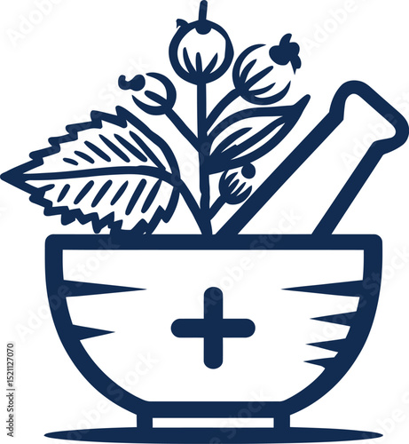 Herbal Medicine Symbol Featuring a Classic Mortar and Pestle with a Medical Cross Symbol, Surrounded by Leaves and Berries—Representing Traditional Healing, Pharmacy, and Natural Remedies