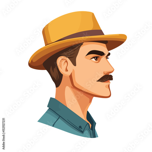 Stylish Young Man Profile with Hat and Mustache - Professional Headshot for Marketing Materials
