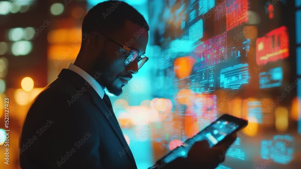 African American Businessman Analyzing Financial Data on a Tablet at Night in City African American Businessman Analyzing Financial Data on a Tablet at Night in City