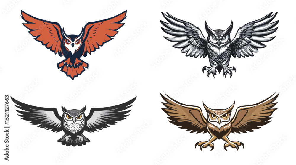 Obraz premium Fierce great horned owl with wings fully spread in mid-flight, powerful and intense expression, symbol of wisdom and strength, perfect for wildlife themes, predator concept art, and nocturnal bird 