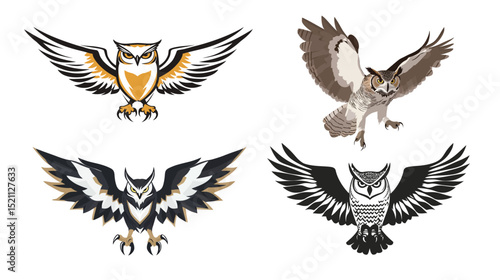 Fierce great horned owl with wings fully spread in mid-flight, powerful and intense expression, symbol of wisdom and strength, perfect for wildlife themes, predator concept art, and nocturnal bird 