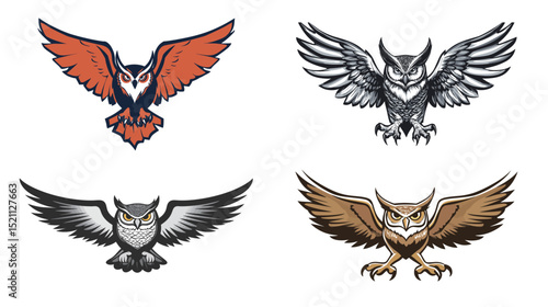 Fierce great horned owl with wings fully spread in mid-flight, powerful and intense expression, symbol of wisdom and strength, perfect for wildlife themes, predator concept art, and nocturnal bird 