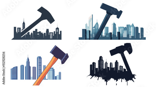 Creative vector illustration of a hammer transforming into a city skyline, symbolizing urban construction, development, architecture, and growth, ideal concept for real estate, engineering, 