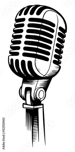 Black and white illustration of a retro studio microphone for sound recording and broadcasting on a white isolated background. Vector graphics. EPS.