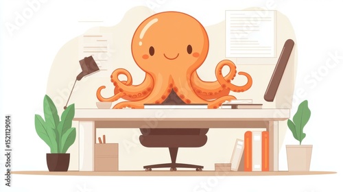 Cartoon octopus working at a desk surrounded by plants, books, and papers in a bright office setting