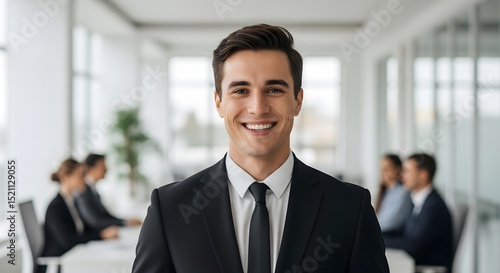 A confident professional man in a tailored black suit smiles warmly at the camera, office in the background, surrounded by his colleagues.