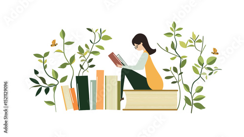 Vector graphic of a librarian organizing books on shelves in a library, featuring a professional woman arranging colorful books with focus and care, perfect for education, knowledge, library services,