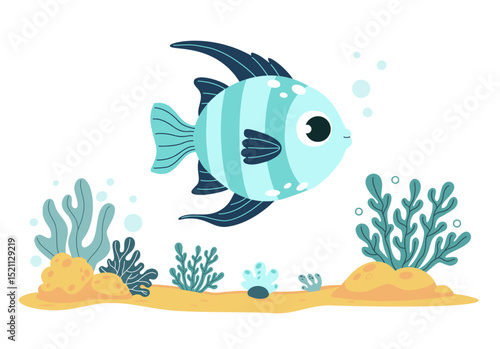Cute Sea tropical striped fish and algae on sandy seabed. Funny character animal. Underwater seascape landscape. Vector illustration. Kids collection