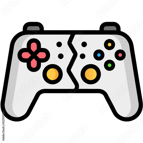 Broken Gamepad Symbolizes Frustration in Vector Illustration, representing gaming addiction with copy space for text and technical flat design.