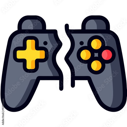 Broken Game Controller Symbolizes Frustration with Gaming, depicts failure in a cartoonish style, showcasing the concept of defeat and disappointment, with graphic resource elements.