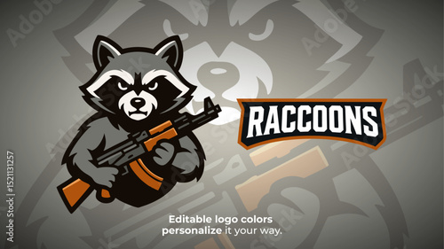 Armed Raccoon Mascot Logo with Rifle – Urban Animal Warrior for Esports or Gaming Identity
