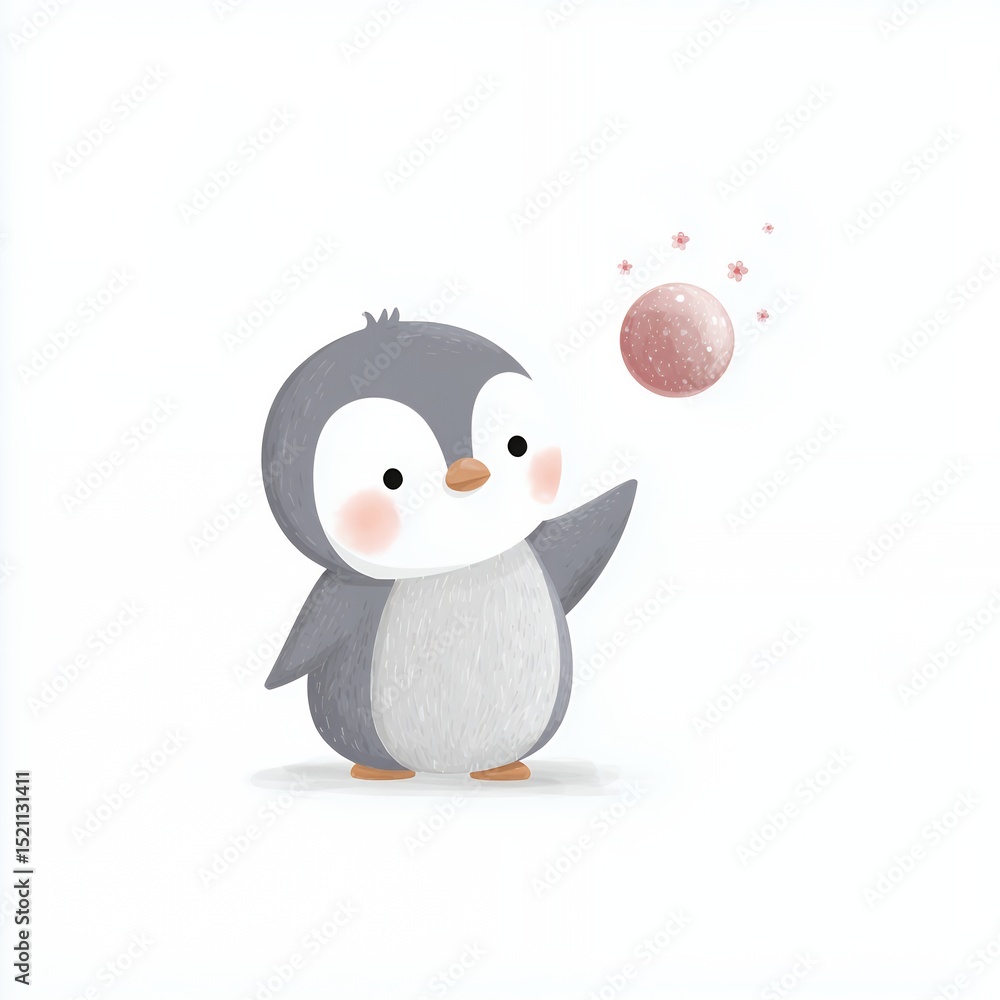 Obraz premium A cartoon penguin is holding a ball in its beak. The penguin is cute and playful