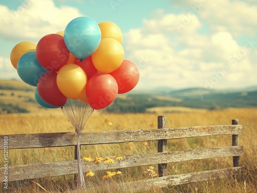 Floating Dreams: A Bunch of Colorful Balloons Adorns an Old Wooden Fence on a Summer Day in the Countryside, Evoking a Sense of Freedom and Nostalgia.