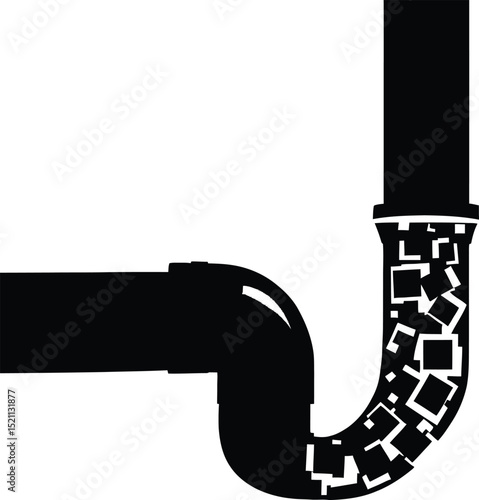 Plumbing System Illustration Featuring an L-Shaped Pipe with Internal Blockage Representation—Demonstrating Water Flow Obstruction and Drainage Issues