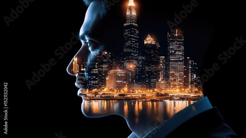 Fototapeta Naklejka Na Ścianę i Meble -  Portrait with city skyline double exposure against black background