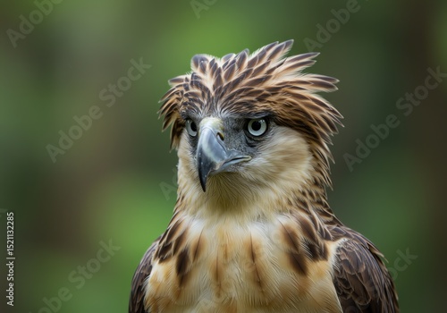 A close-up portrait of the Philippine Eagle, showing sharp eyes, feathery crest, and powerful beak, perched on a tree branch with blurred jungle background, high-detail realistic wildlife photo