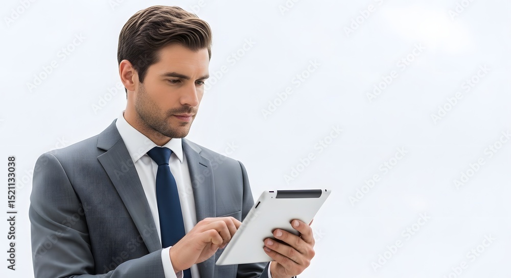 A focused businessman in a stylish suit intently interacts with a tablet, epitomizing modern business technology. A focused businessman in a stylish suit intently interacts with a tablet, epitomizing modern business technology.