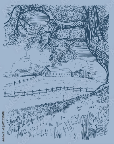Rural landscape, tree and farm. Hand drawn vintage engraved sketch.
