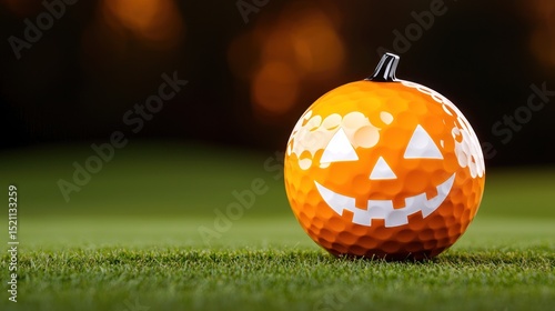 Halloween themed golf ball with pumpkin face on green grass