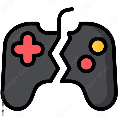 Broken Gamepad Represents Frustration, Illustrating Anger in a Flat Style, with a conceptual theme of gaming addiction, and a close-up view.
