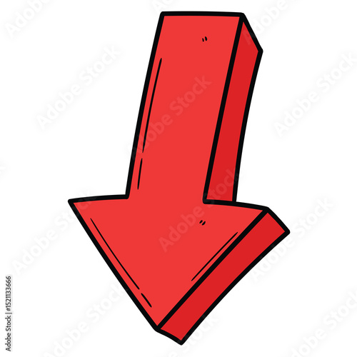 Hand drawn cartoon red arrow pointing down on white background.