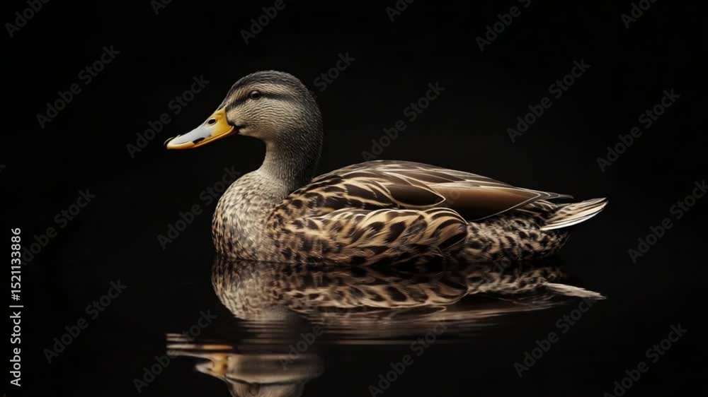 A serene duck gliding on calm water, reflecting its beautiful plumage against a dark backdrop A serene duck gliding on calm water, reflecting its beautiful plumage against a dark backdrop