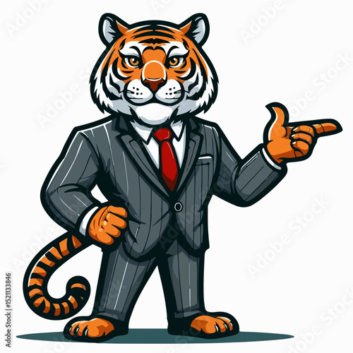 The Confident Tiger: An illustration of a majestic tiger, dressed in a tailored suit, stands with an air of authority and confidence, pointing towards an unseen future.