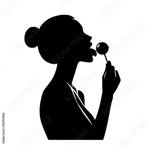 Minimalist Black Silhouette SVG of Woman Licking a Lollipop – Simple Clean Vector Design