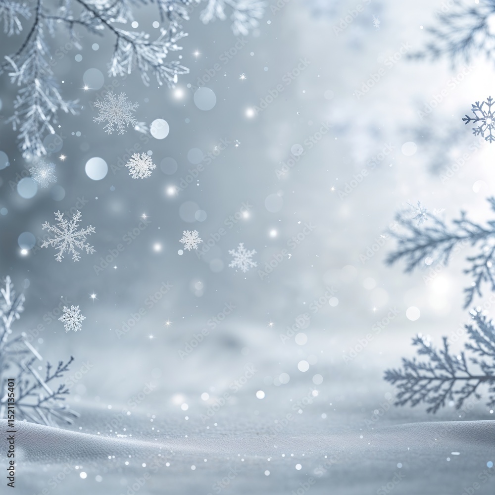 A tranquil winter landscape showcases delicate snowflakes drifting through the air, creating a surreal Christmas ambiance. Soft lighting illuminates the snowy ground and surrounding frost A tranquil winter landscape showcases delicate snowflakes drifting through the air, creating a surreal Christmas ambiance. Soft lighting illuminates the snowy ground and surrounding frost