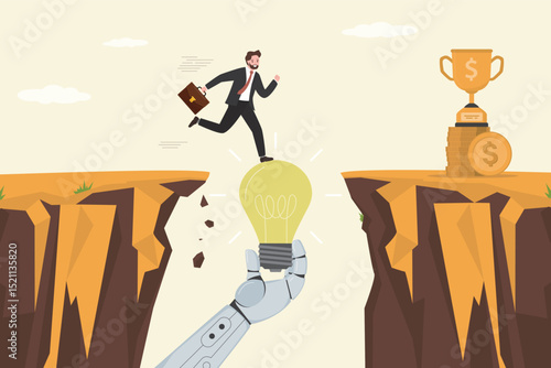 Robot arm holding light bulb bridging gap for businessman running across cliff. Business support. Ai chat bot helping human overcome obstacles. Neural networks help people