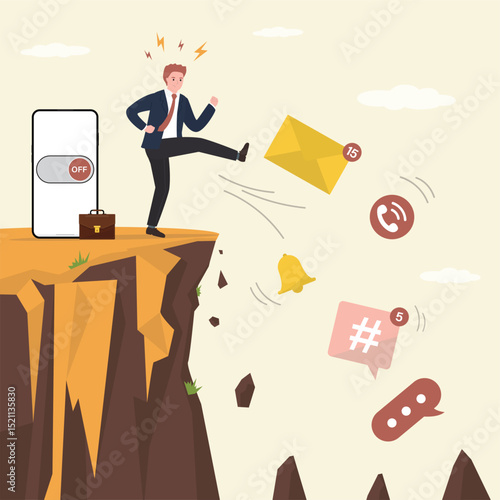 Angry male character hit and kick broken various mobile notifications, call and mails from cliff into abyss, metaphor of digital addiction problem. Digital detox,