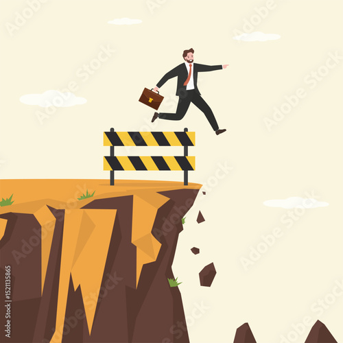 Foolish businessman jumps over barrier and may fall off cliff. Poor risk management. Wrong choice of path. Mistake, egoism. Warning barrier on edge of abyss.