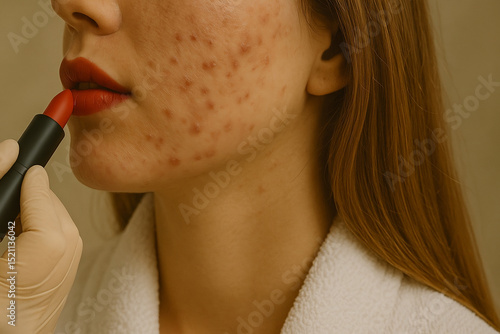 Close-up of woman with acne applying red lipstick. Concept of beauty, skincare, and self-confidence despite skin issues.