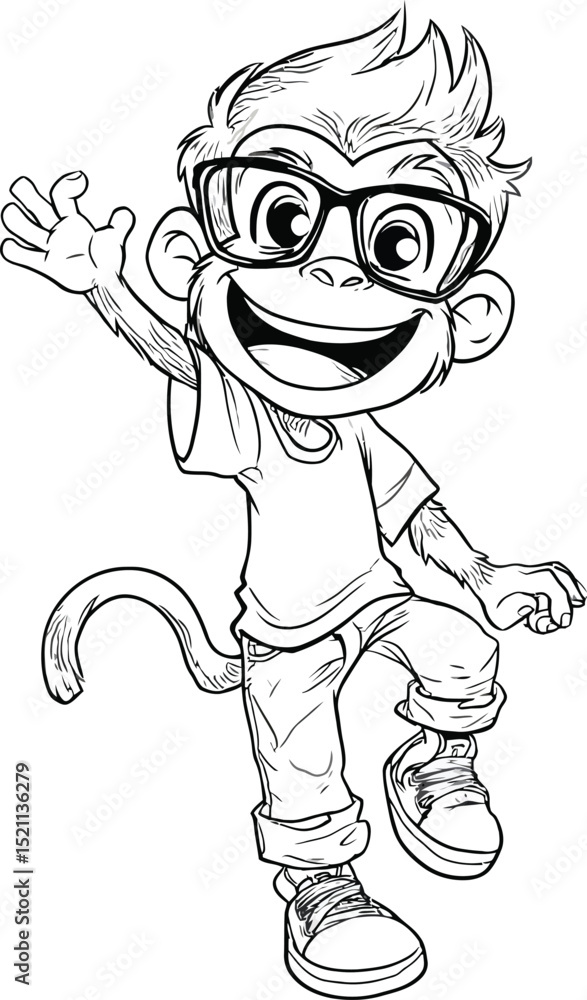 Obraz premium Monkey Cartoon Character Outline – Simple Line Art Illustration of a Playful Monkey Mascot for Coloring and Design- Adobe Illustrator Artwork