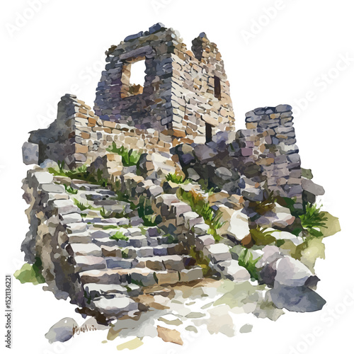 Inca Ruins, watercolor clipart vector, high quality, isolated on a white background.