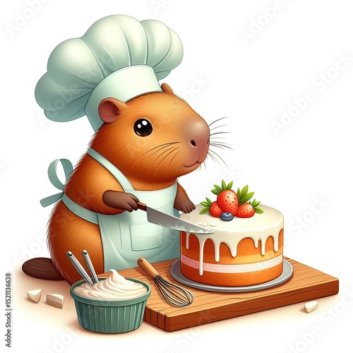 A cartoon capybara wearing a chef's hat and apron, slicing a decorated cake with fruits on top. Baking tools and cream are on the table.