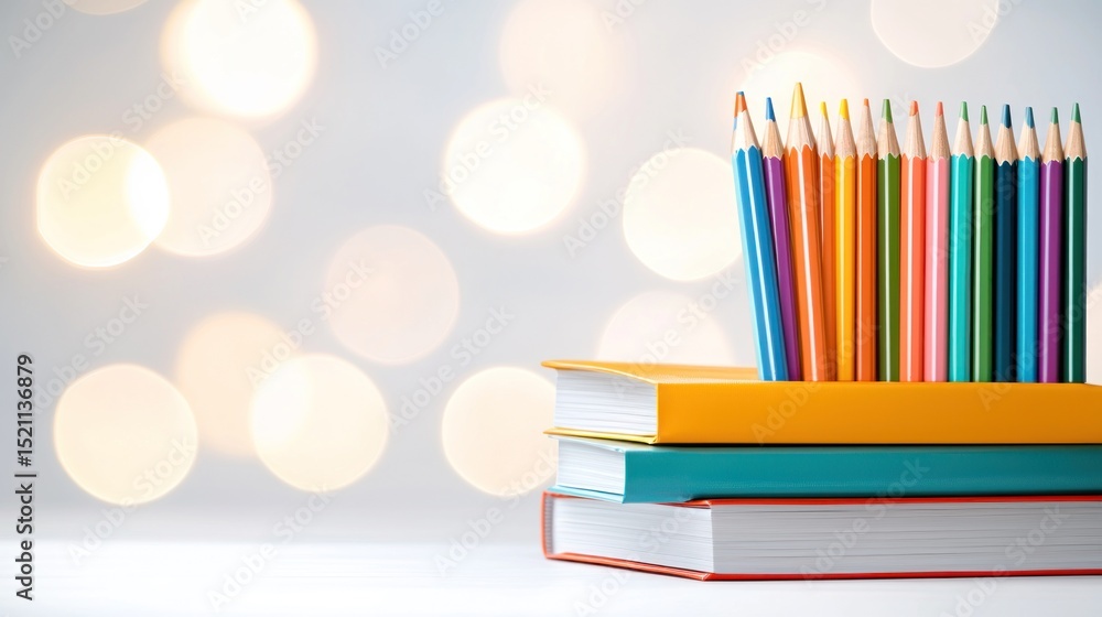Stack of books with colored pencils against bokeh background Stack of books with colored pencils against bokeh background