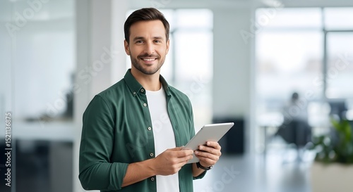 A confident, young man with a beaming smile stands inside a bright, modern office, holding a tablet. The image embodies the fusion of technology and modern business.