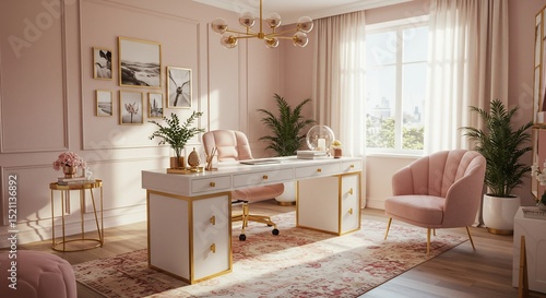 Elegant pink home office with gold accents and natural light streaming through sheer curtains