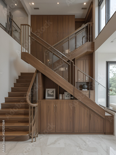 Luxury contemporary interior design in a multi storey home with sleek wooden stairs and custom cabinets under them for storage