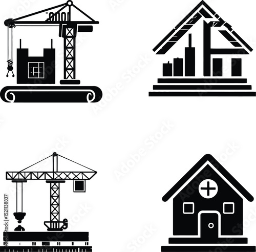 Construction & Housing Symbol Set Featuring Four Key Icons: A Construction Crane Lifting a Structure, A House with Vertical Bar Accents Representing Architectural Planning, Another Crane Handling 